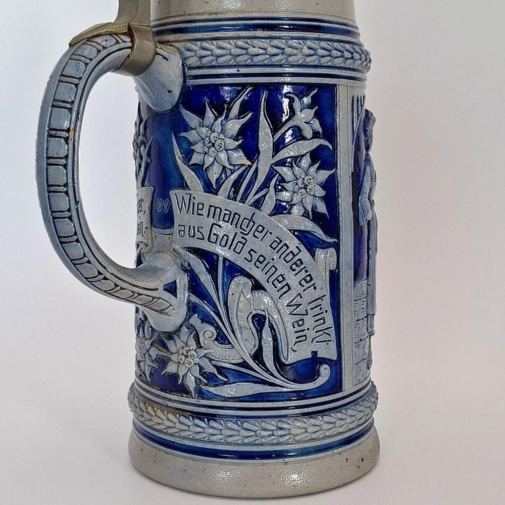 Vintage German 1L Beer Stein Cobalt Relief Pewter Lid #789 Einladung zum Tanz